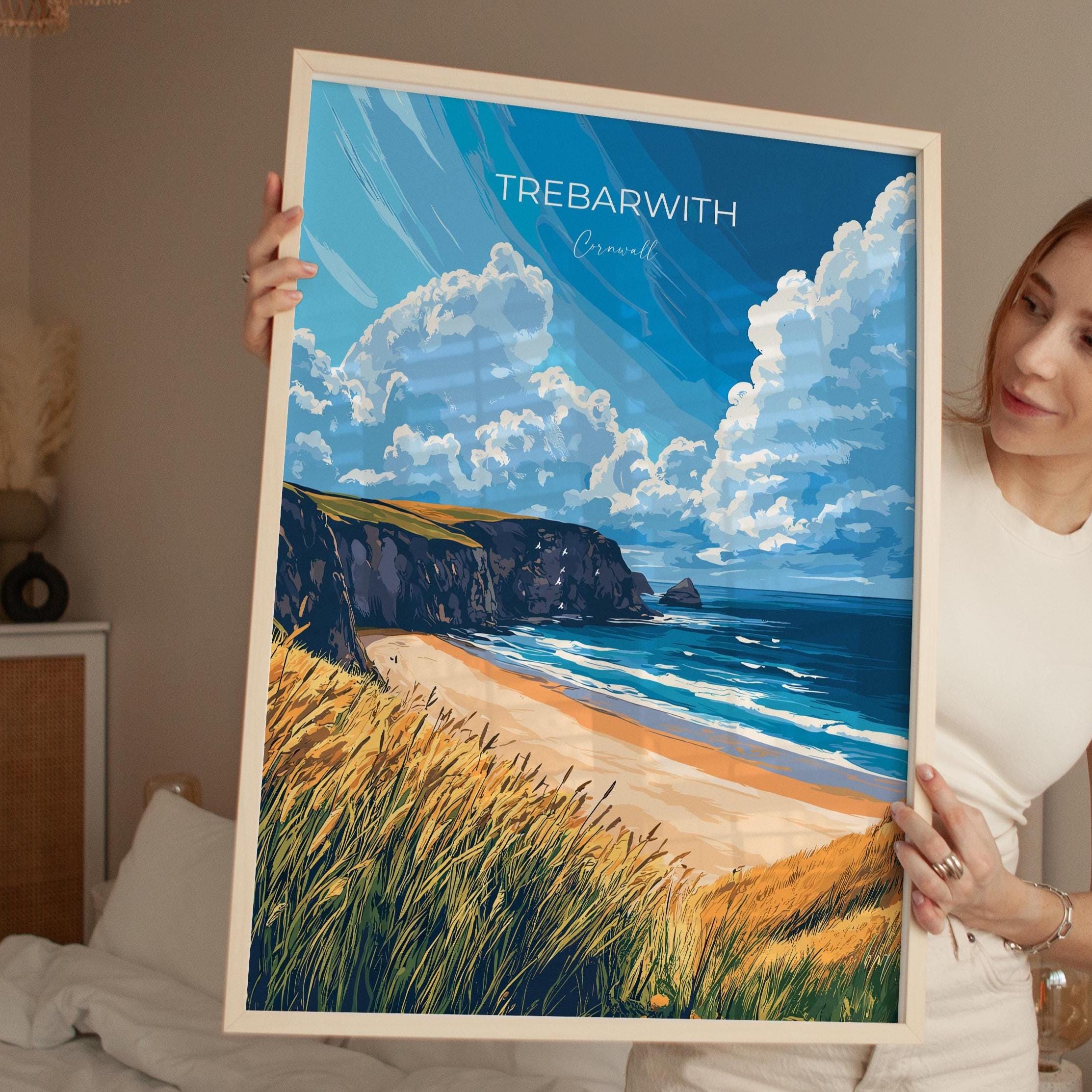 Trebarwith Travel Poster, Travel Print of Trebarwith, England, Cornwall Art, Trebarwith Art Lovers Gift, Wall Art Print NQ Media Designs