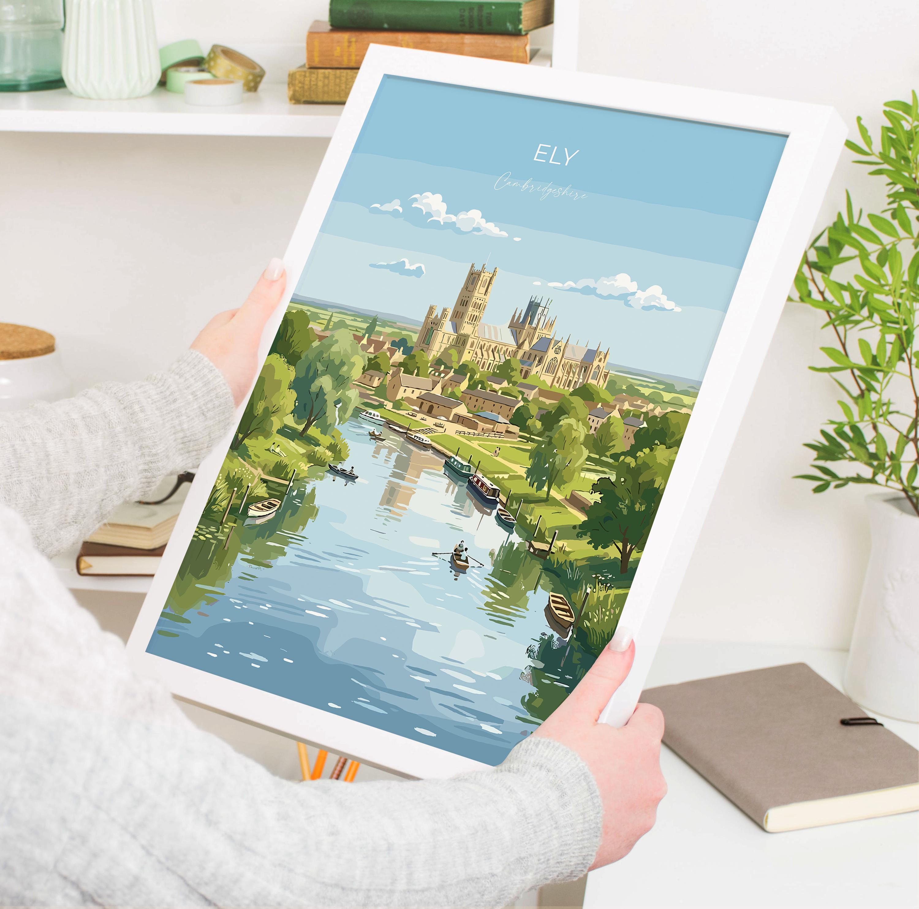 Ely Cathedral Travel Poster, Ely Cambridgeshire Wall Art, Historic England City Print, Gothic Cathedral Illustration, UK Decor, Ely Gift