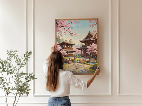 Kyoto Japan Travel Print, Cherry Blossom Temple Wall Art, Japanese Landscape Poster, Sakura Illustration, Asia Decor, Kyoto Gift