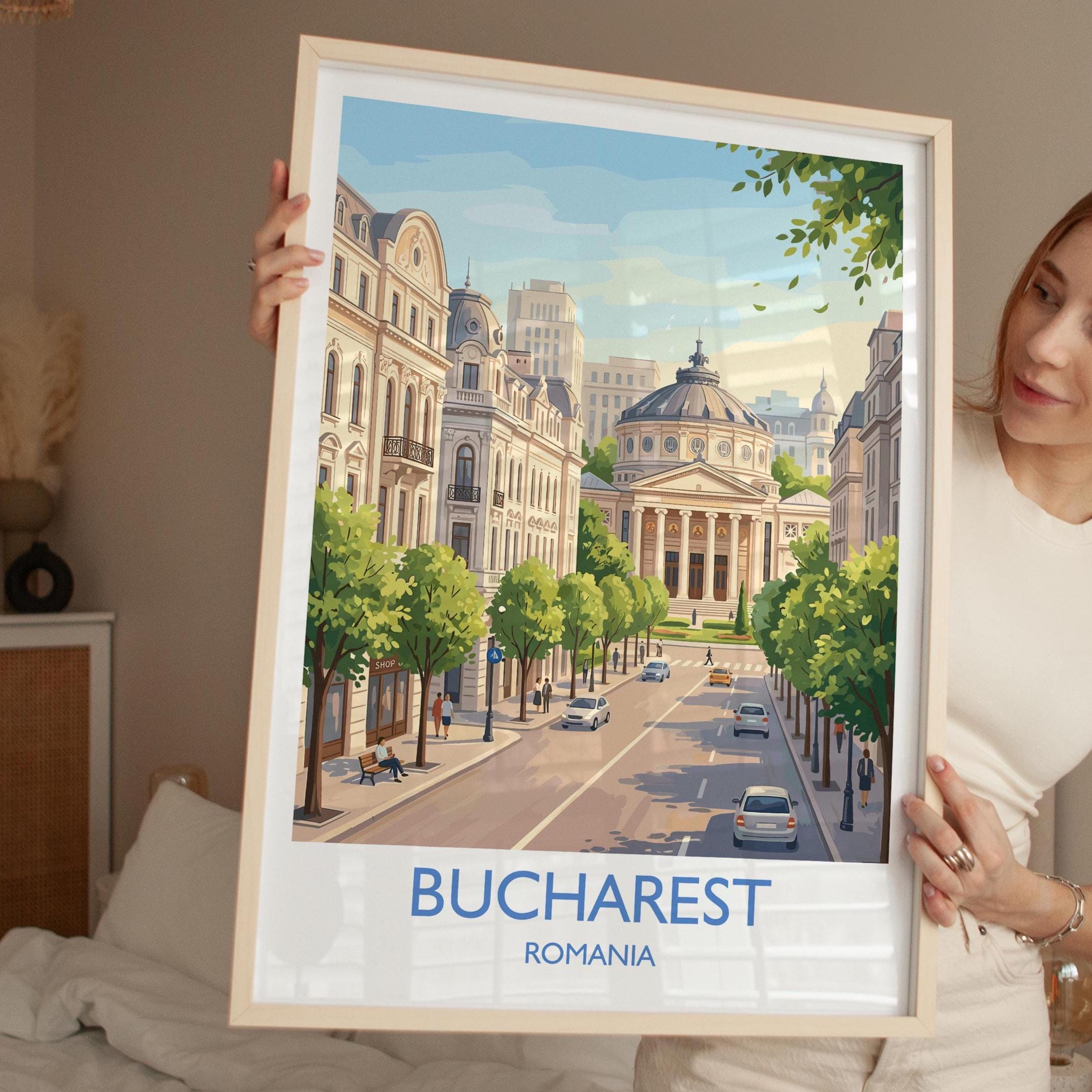 Bucharest Travel Poster, Romanian Athenaeum Wall Art, Bucharest City Print, Historic Architecture Illustration, Europe Decor, Romania Gift