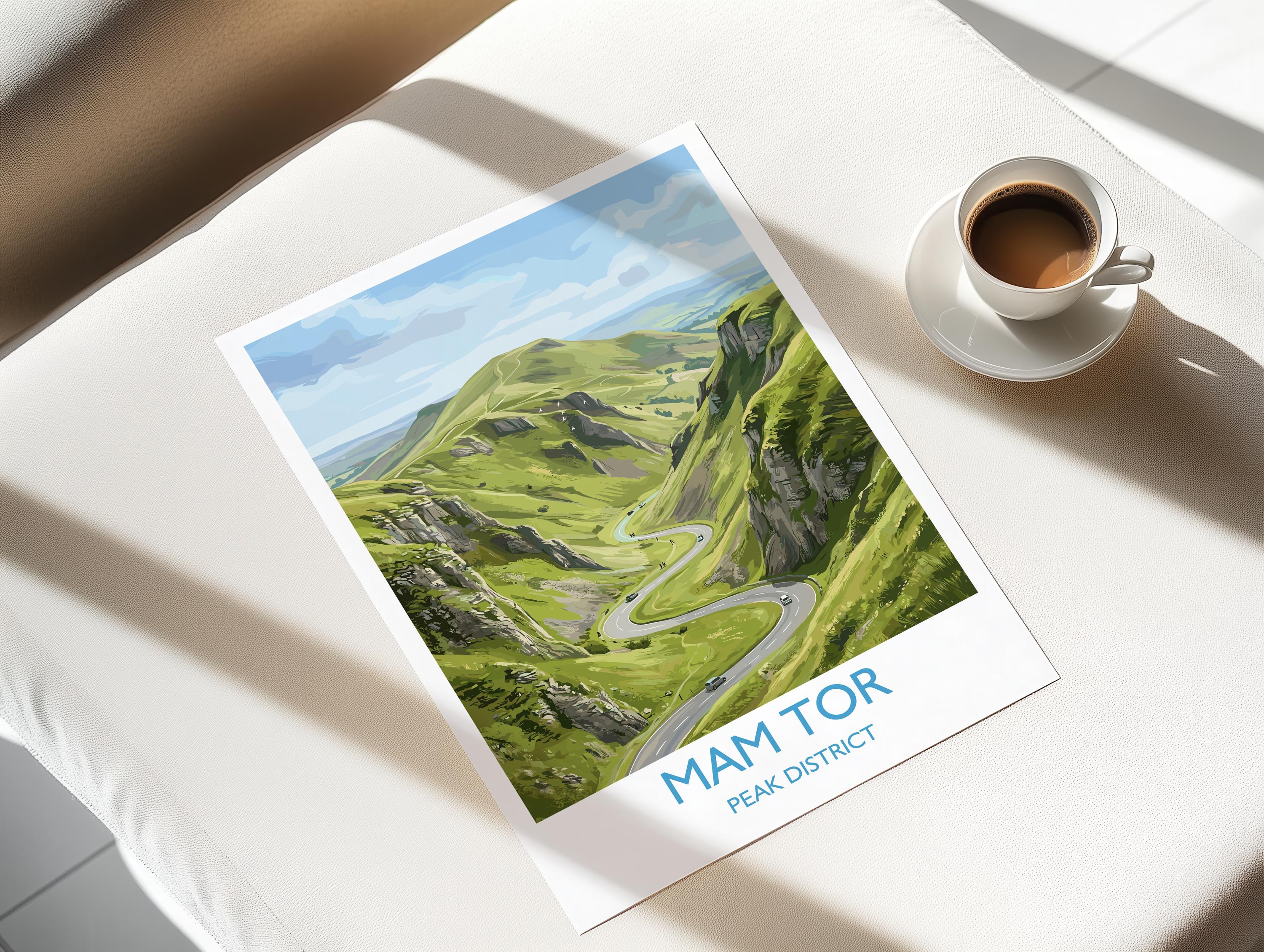 Mam Tor Travel Poster, Peak District Wall Art, Derbyshire Landscape Print, Great Ridge Illustration, UK Nature Decor, Peak District Gift NQ Media Designs