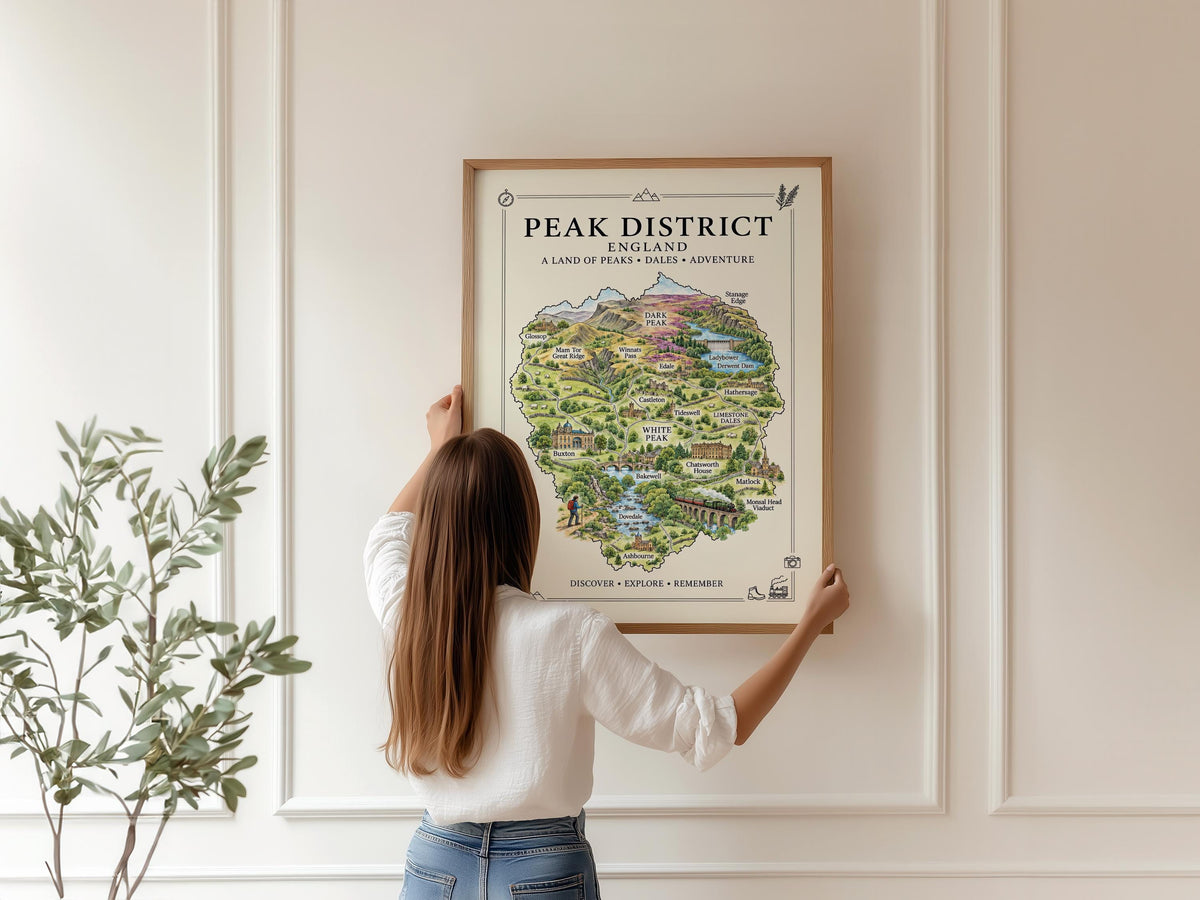 Peak District Illustrated Map Print, England Wall Art, Derbyshire Map Poster, Framed or Canvas Print, Peak District Gift