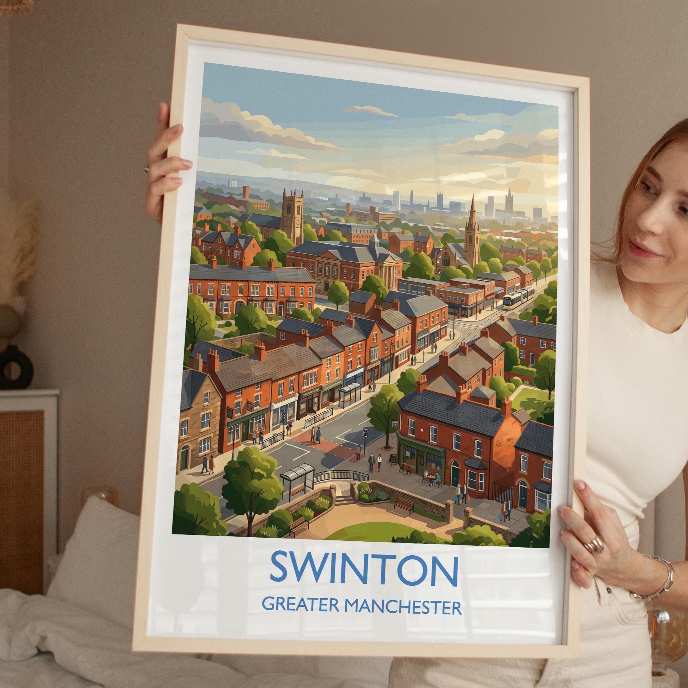 Swinton Travel Poster, Manchester Wall Art, Greater Manchester Print, Modern Skyline Illustration, Vintage Style UK Decor