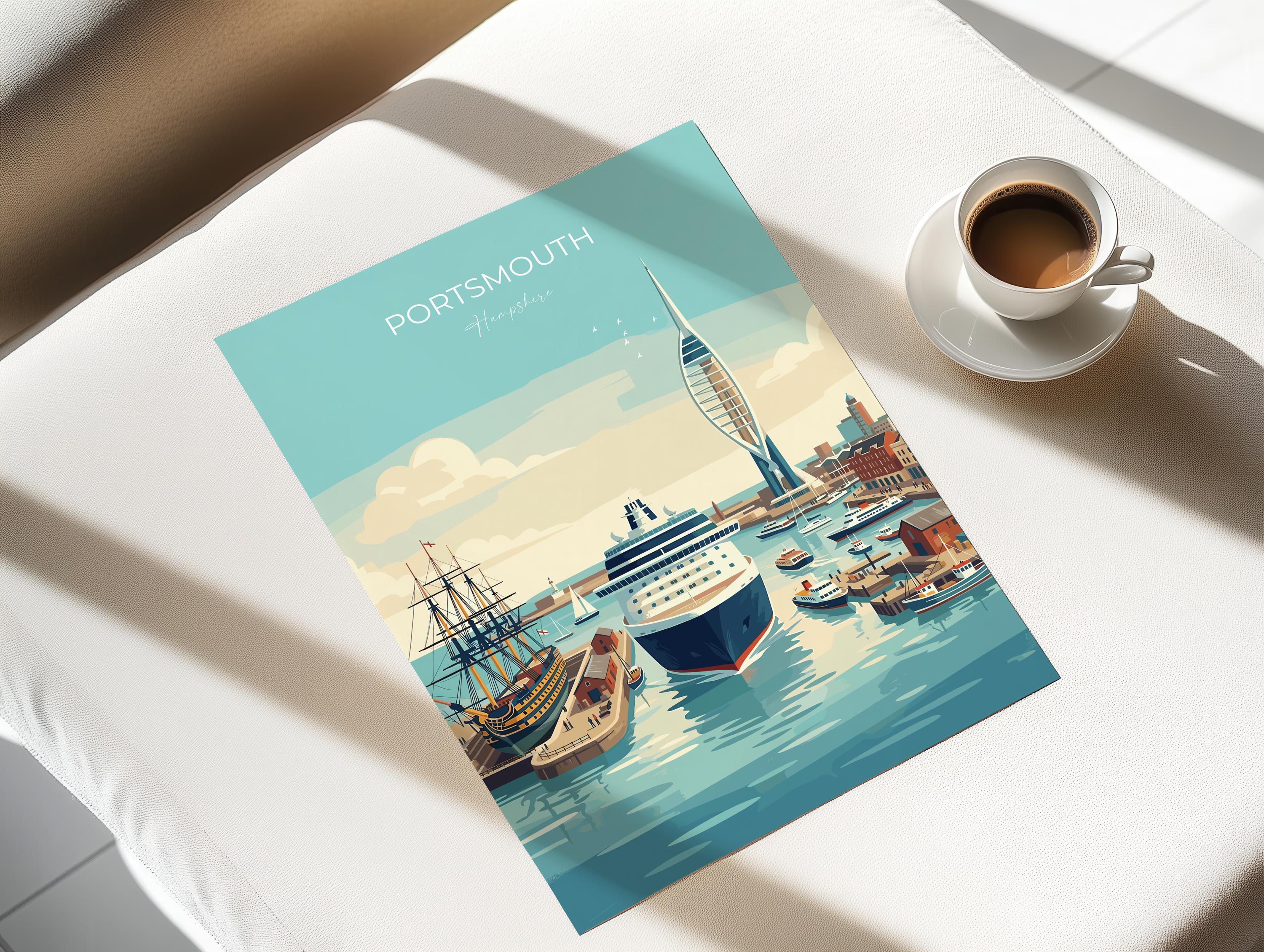 Portsmouth Travel Print Poster, Southsea & Spinnaker Tower Wall Art, Hampshire Coastal City Illustration, UK Travel Decor, Seaside Gift NQ Media Designs