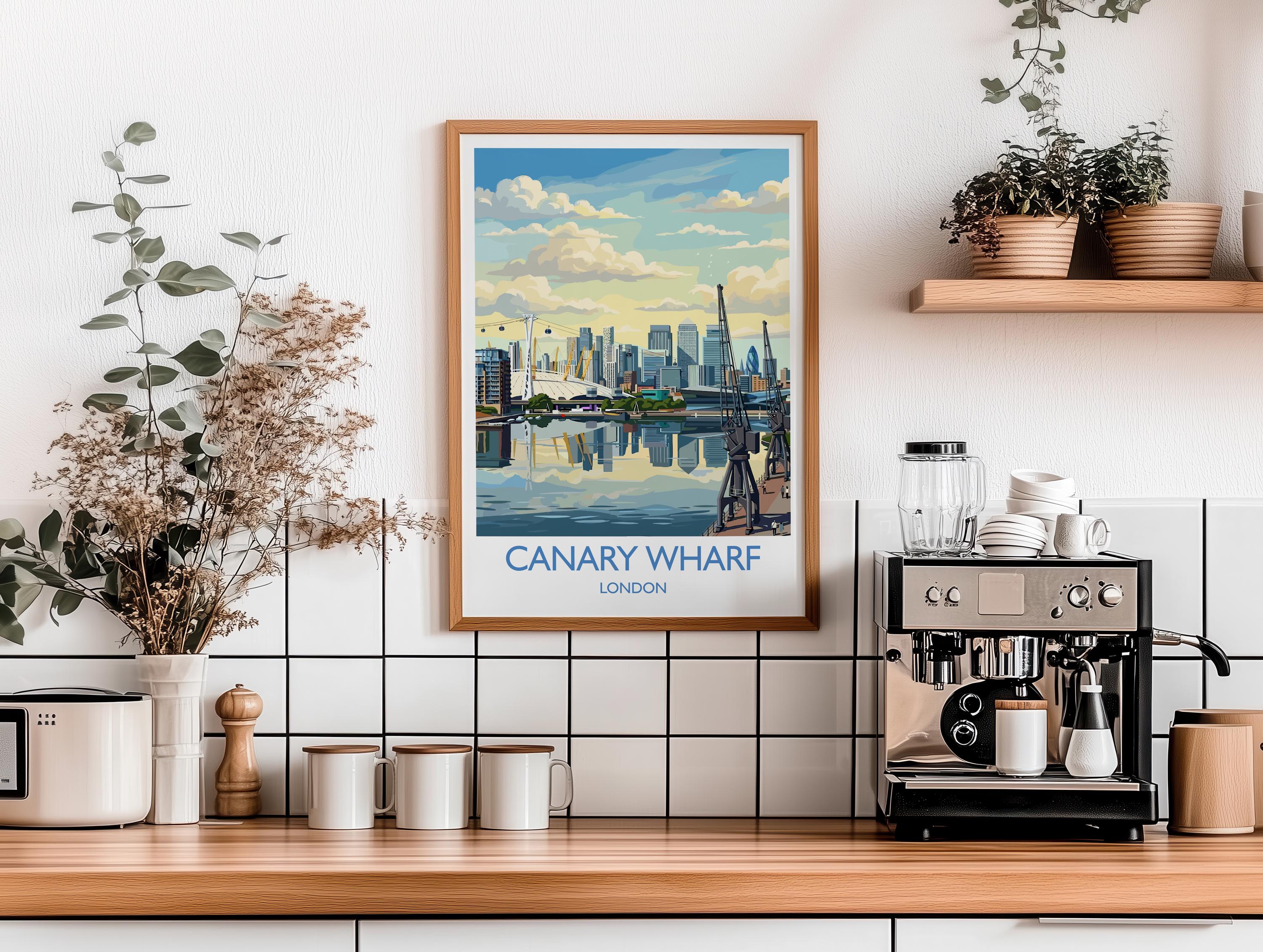 Canary Wharf London Travel Poster, Royal Victoria Dock Wall Art, London Skyline Print, O2 & Cable Car, East London Travel Poster
