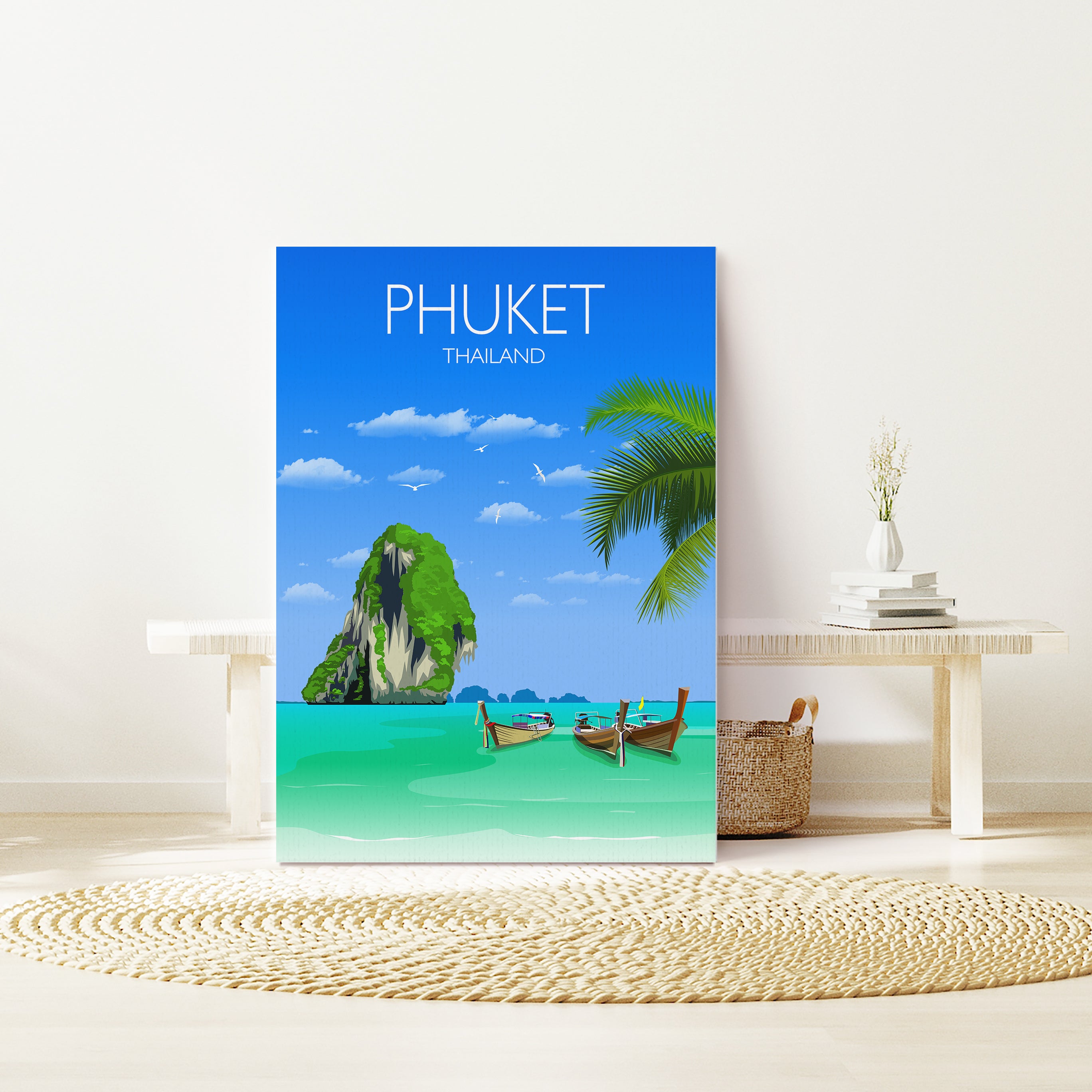 a picture of a beach with a boat and a palm tree