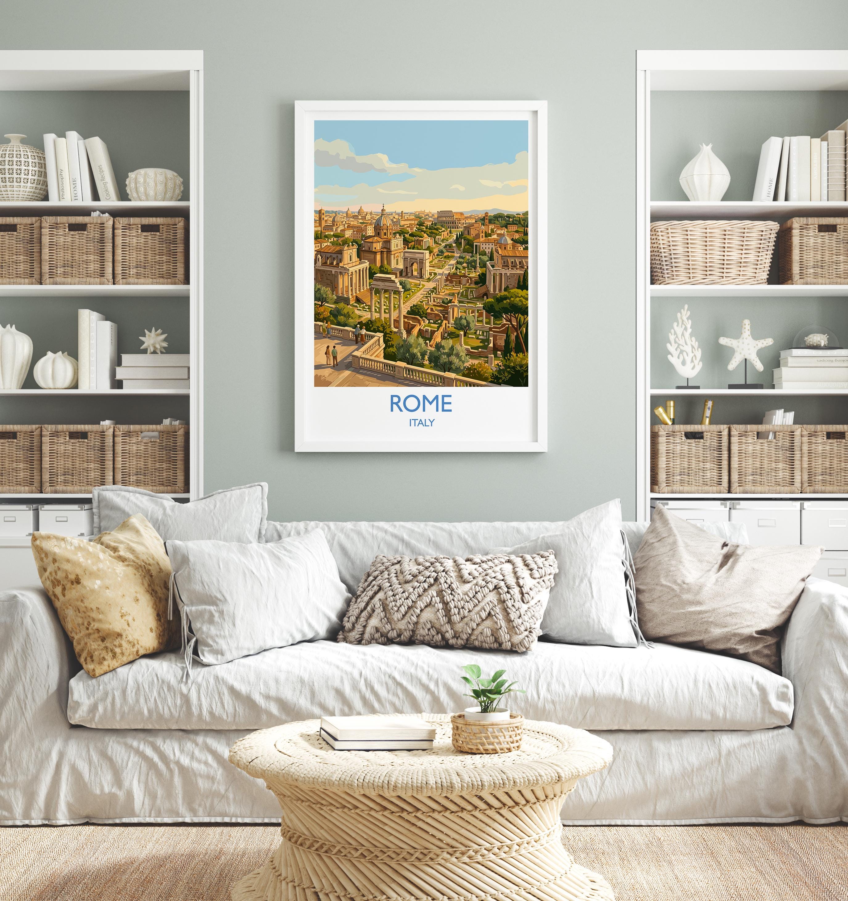 Rome Forum Travel Poster, Roman Forum Ruins Wall Art, Ancient Rome Landscape Print, Historic Architecture Illustration, Italy Decor