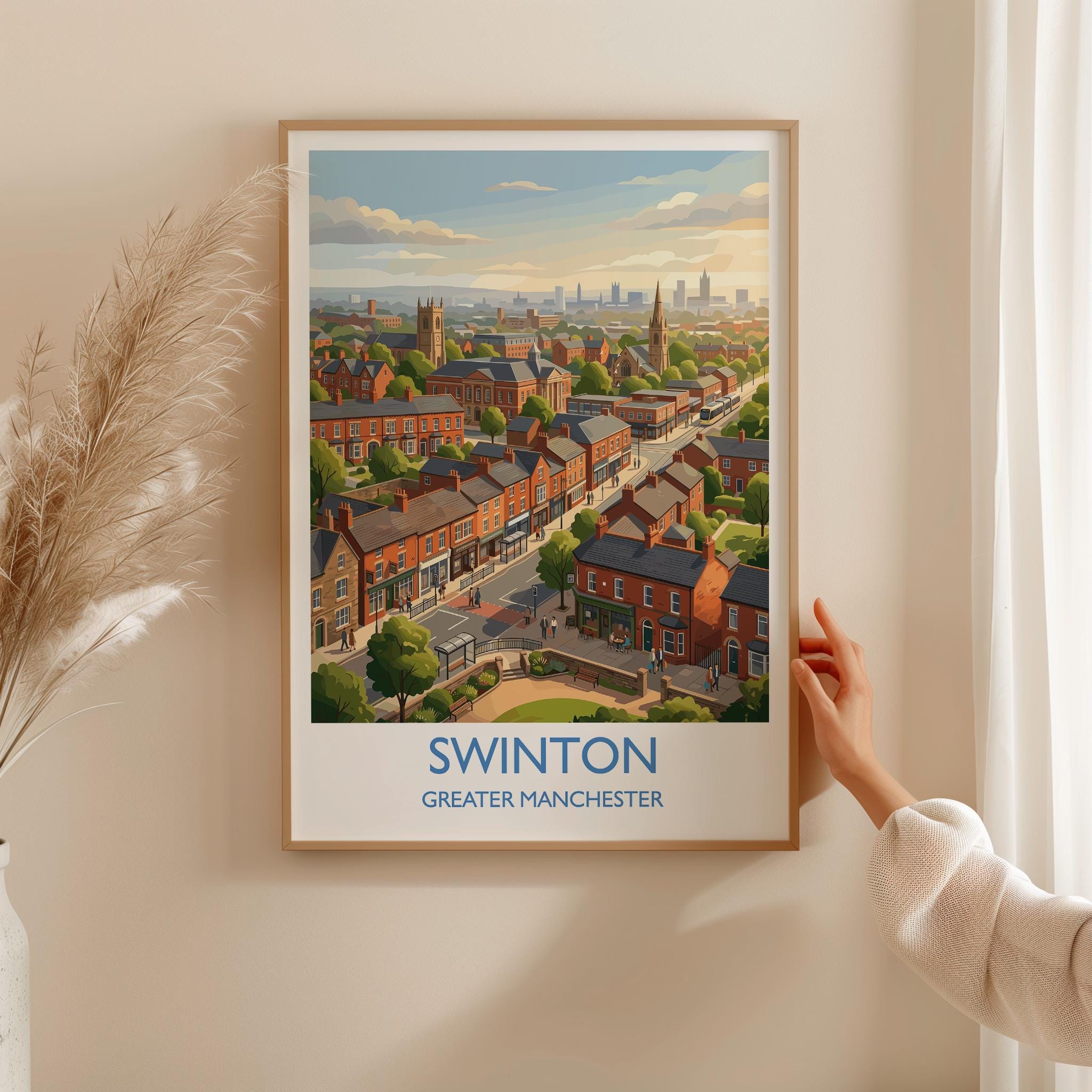 Swinton Travel Poster, Manchester Wall Art, Greater Manchester Print, Modern Skyline Illustration, Vintage Style UK Decor