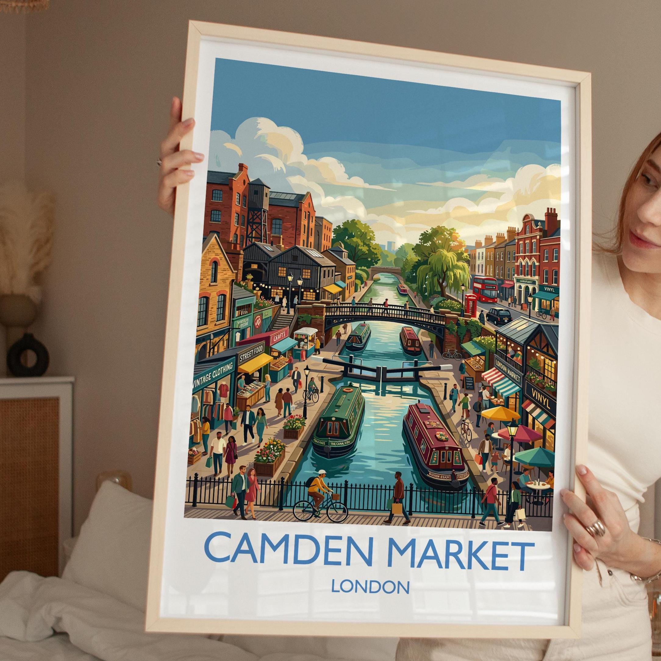 Camden Market London Print, Camden Lock Wall Art with Border, Camden Town Poster, Colourful Market Print, London Travel Print