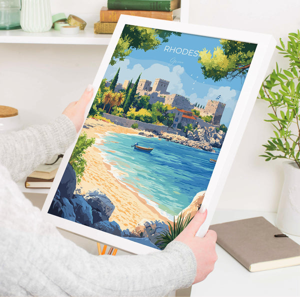 Rhodes Travel Poster, Travel Print of Rhodes, Greece Gift, Greek Islands Art Lovers Gift, Rhodes Wall Art Print