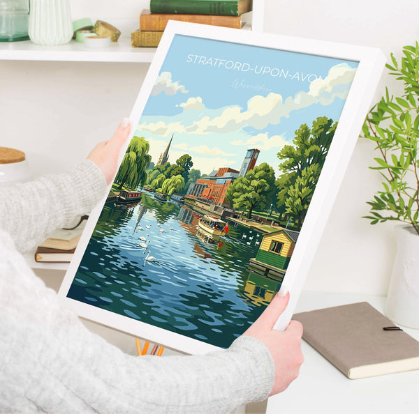 Stratford upon Avon Travel Print, River Avon Wall Art, Royal Shakespeare Theatre Poster, Holy Trinity Church Illustration, UK Decor