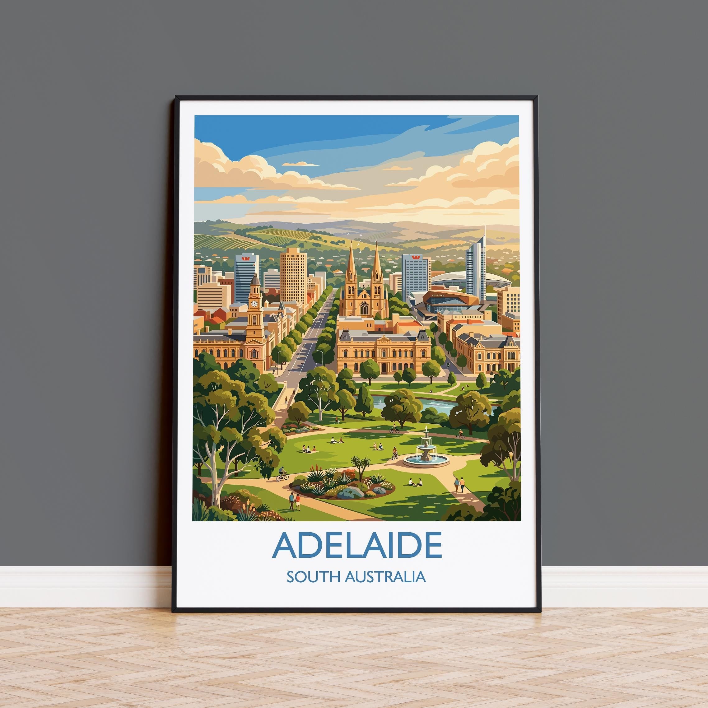 Adelaide Australia Travel Poster, Adelaide Skyline Wall Art, River Torrens Print, South Australia Cityscape Illustration, Australia Decor