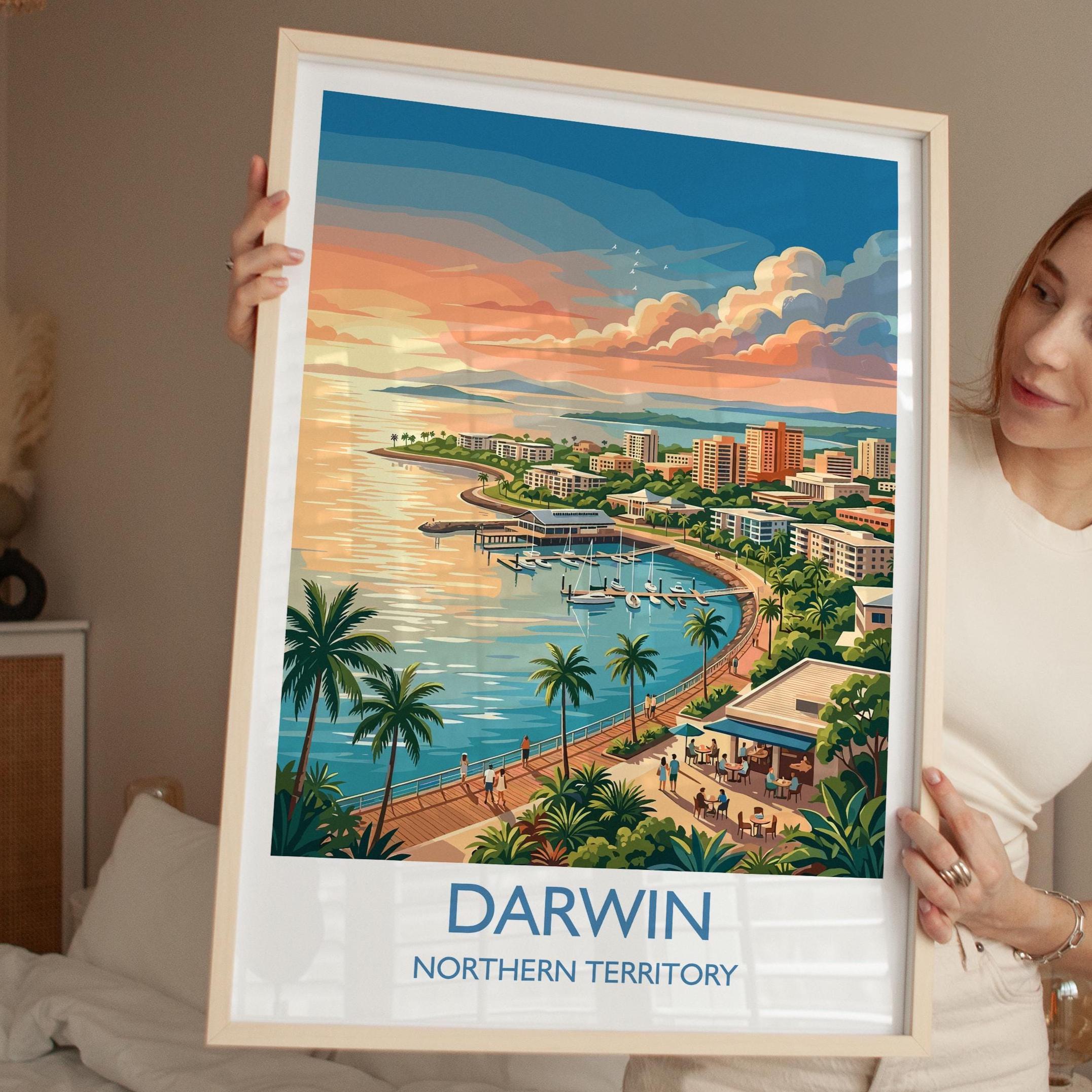 Darwin Australia Travel Poster, Darwin Waterfront Wall Art, Northern Territory Print, Tropical Cityscape Illustration, Australia Art Decor