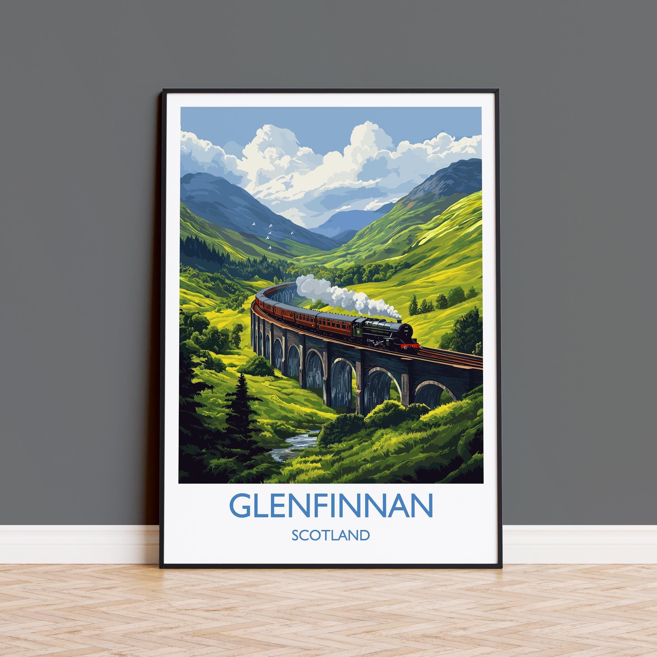 Glenfinnan Viaduct Travel Print Wall Art, Scottish Highlands Art, Railway Bridge Poster, Scotland Landscape, Steam Train Decor Artwork NQ Media Designs