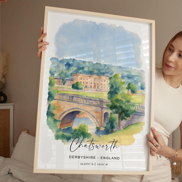 Chatsworth Travel Print Wall Art, Travel Poster of Chatsworth, England, Peak District Art Lovers Watercolour Gift, English Countryside