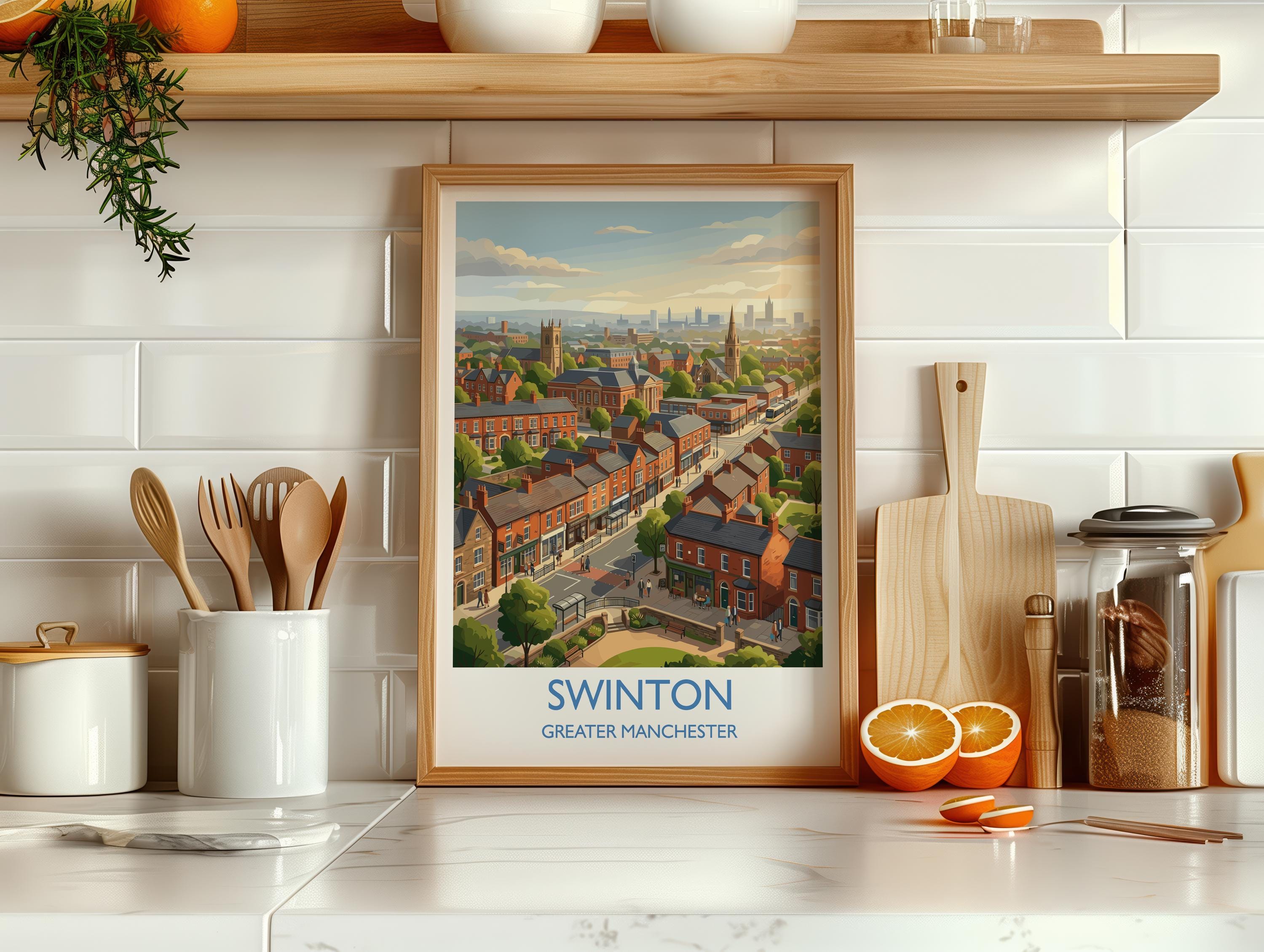 Swinton Travel Poster, Manchester Wall Art, Greater Manchester Print, Modern Skyline Illustration, Vintage Style UK Decor
