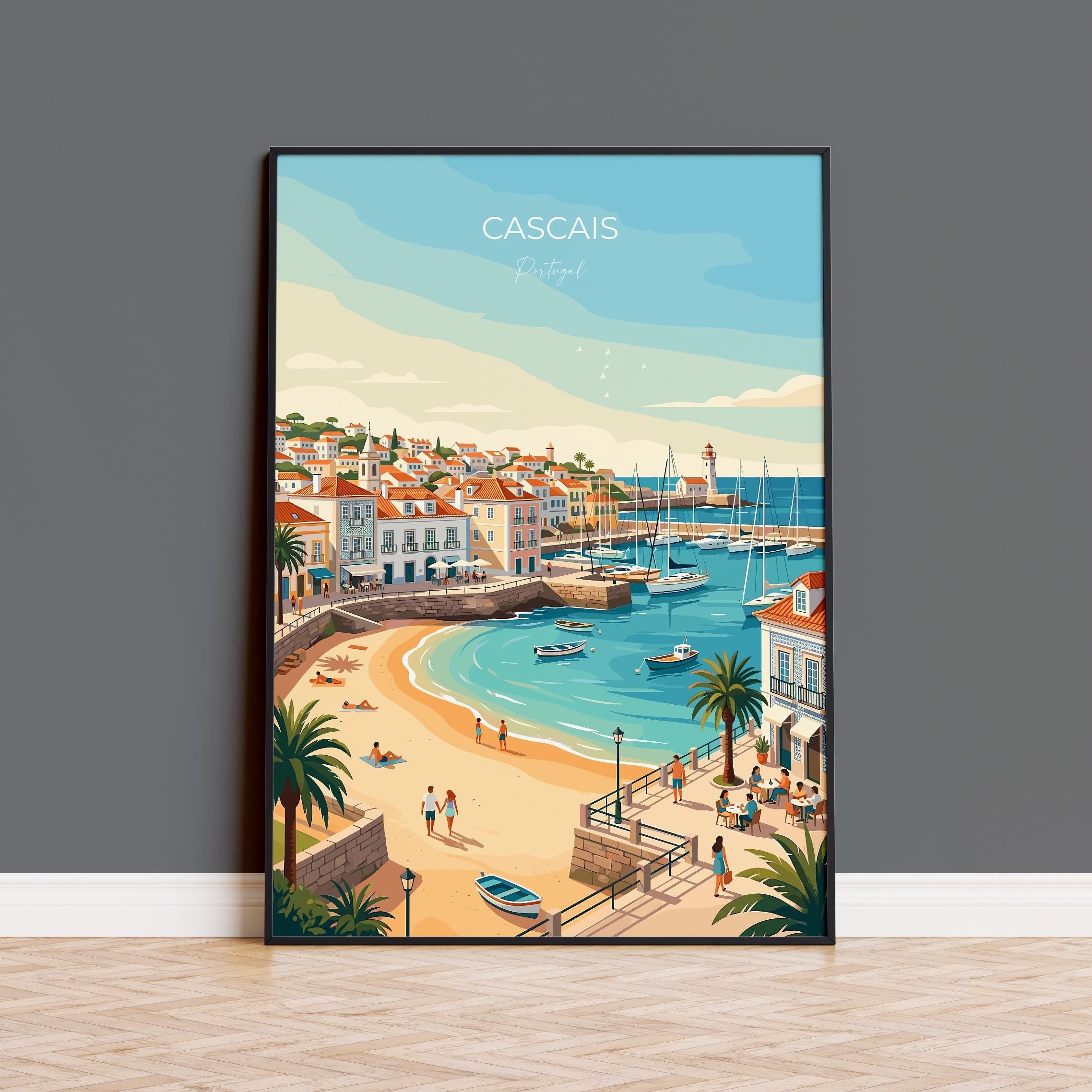Cascais Portugal Travel Print, Portuguese Coast Wall Art, Seaside Town Poster, Atlantic Ocean Landscape Illustration, Europe Decor