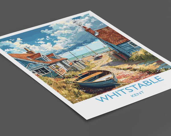 A vintage-style illustration of a coastal village in Kent, England, featuring colorful houses, boats, and a cloudy sky.