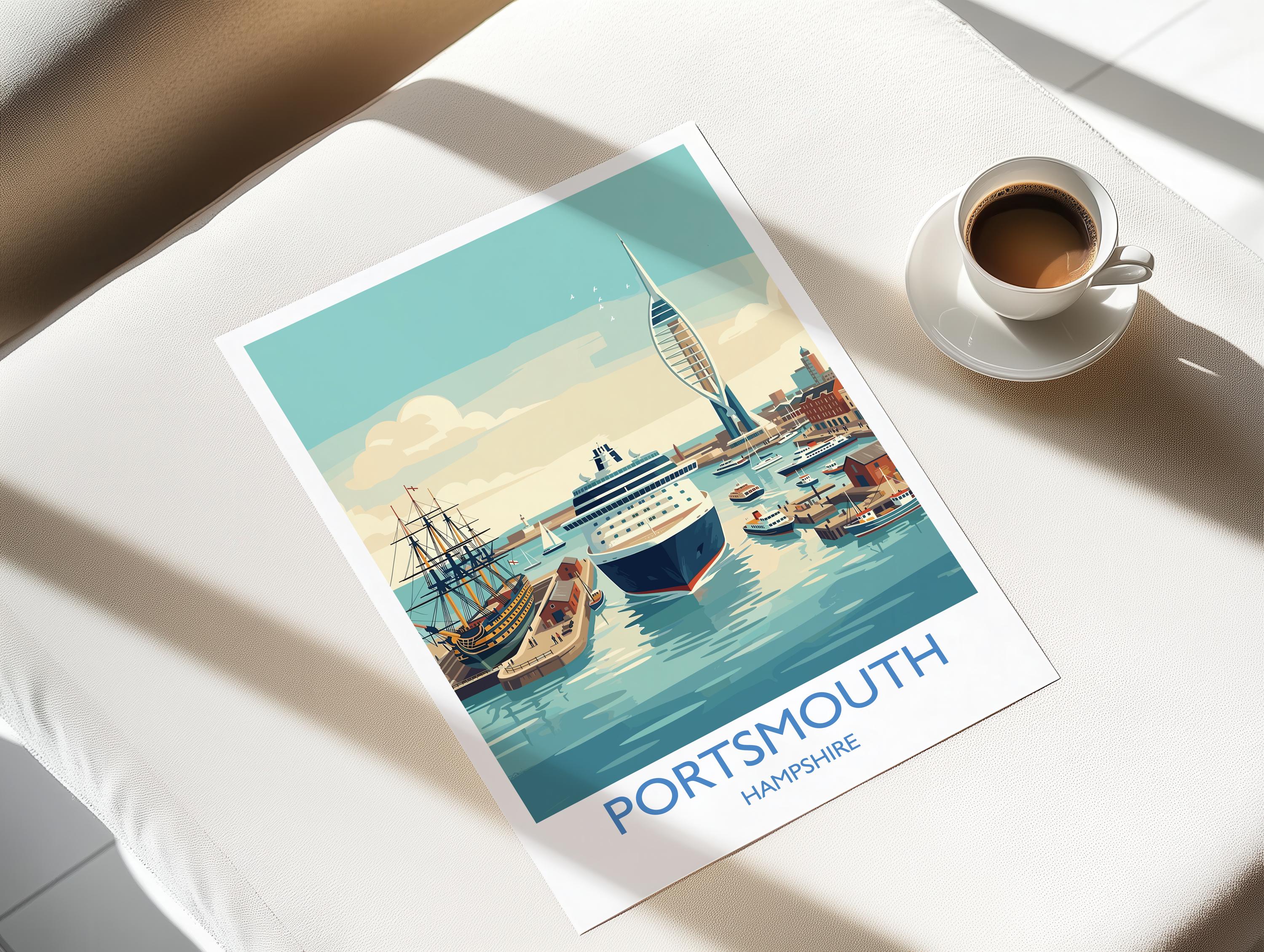 Portsmouth Travel Poster Print, Southsea & Spinnaker Tower Wall Art, Hampshire Coastal City Illustration, UK Travel Decor, Seaside Gift NQ Media Designs