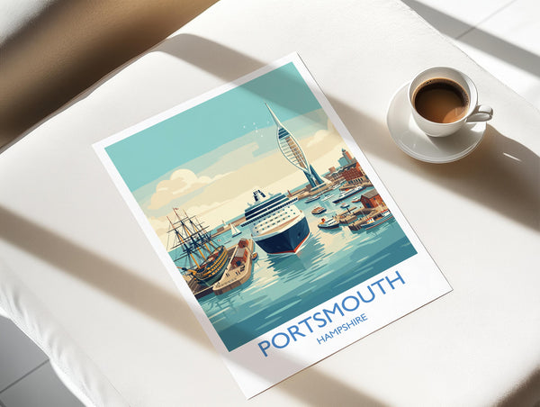 Portsmouth Travel Poster Print, Southsea & Spinnaker Tower Wall Art, Hampshire Coastal City Illustration, UK Travel Decor, Seaside Gift