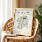 Yorkshire Illustrated Map Print, England Wall Art, Yorkshire Dales Poster, Framed or Canvas Print, Yorkshire Gift