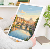 Rome Tiber River Travel Print, Rome Skyline Wall Art, Historic Bridge & Cityscape Poster, Italy Landscape Illustration, Europe Decor
