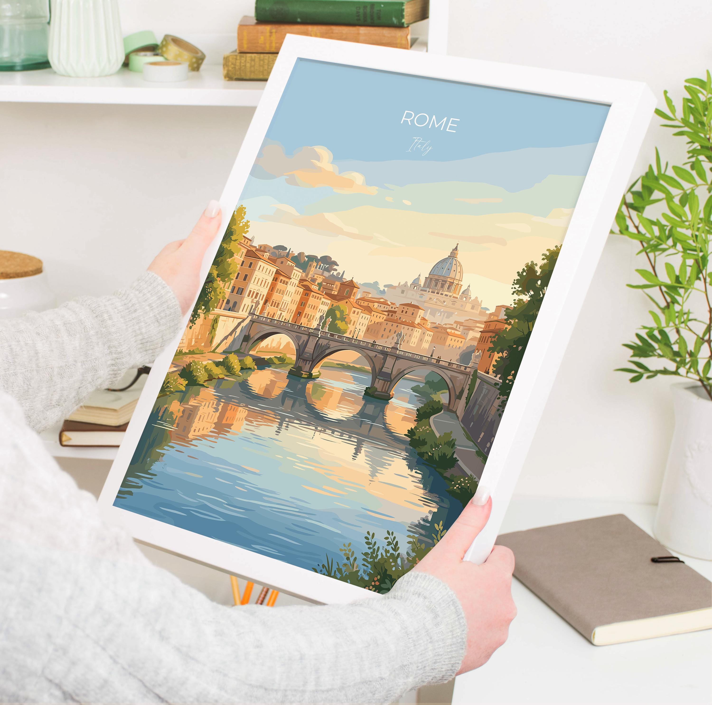 Rome Tiber River Travel Print, Rome Skyline Wall Art, Historic Bridge & Cityscape Poster, Italy Landscape Illustration, Europe Decor
