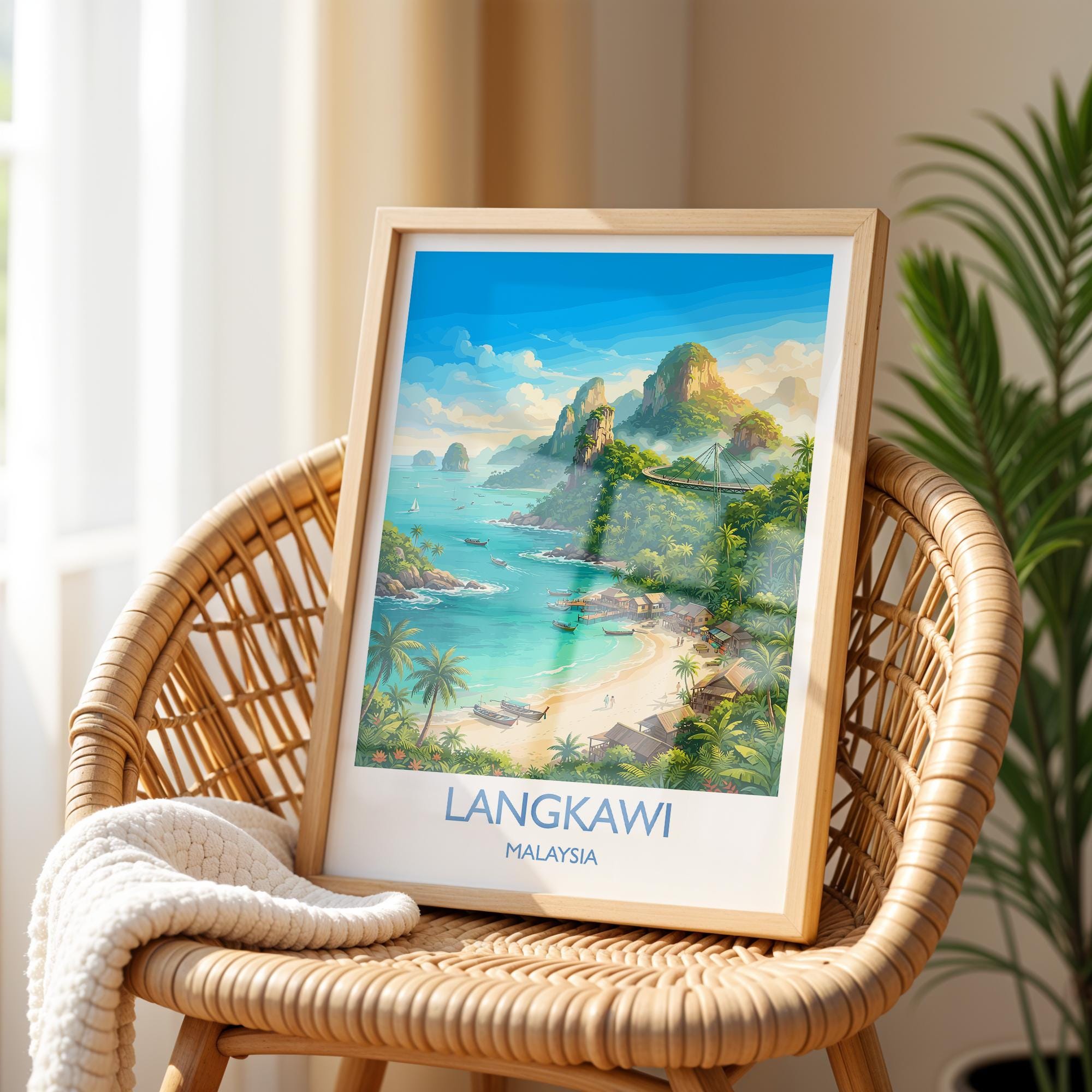 Langkawi Malaysia Travel Poster, Tropical Island Wall Art, Langkawi Beach Print, Malaysia Travel Poster, Asian Paradise Illustration