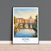 Rome Tiber River Travel Poster, Rome Skyline Wall Art, Historic Bridge & Cityscape Print, Italy Landscape Illustration, Europe Decor