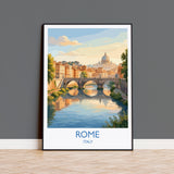 Rome Tiber River Travel Poster, Rome Skyline Wall Art, Historic Bridge & Cityscape Print, Italy Landscape Illustration, Europe Decor