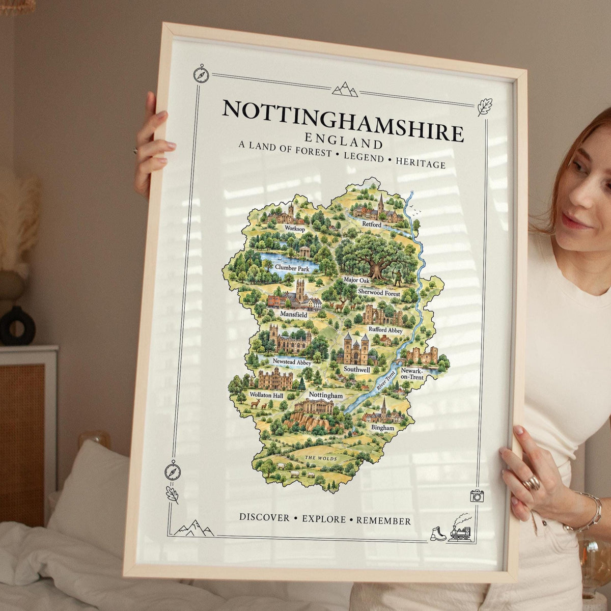 Nottinghamshire Illustrated Map Print, England Wall Art, Sherwood Forest Map Poster, Framed or Canvas Print, Notts Gift