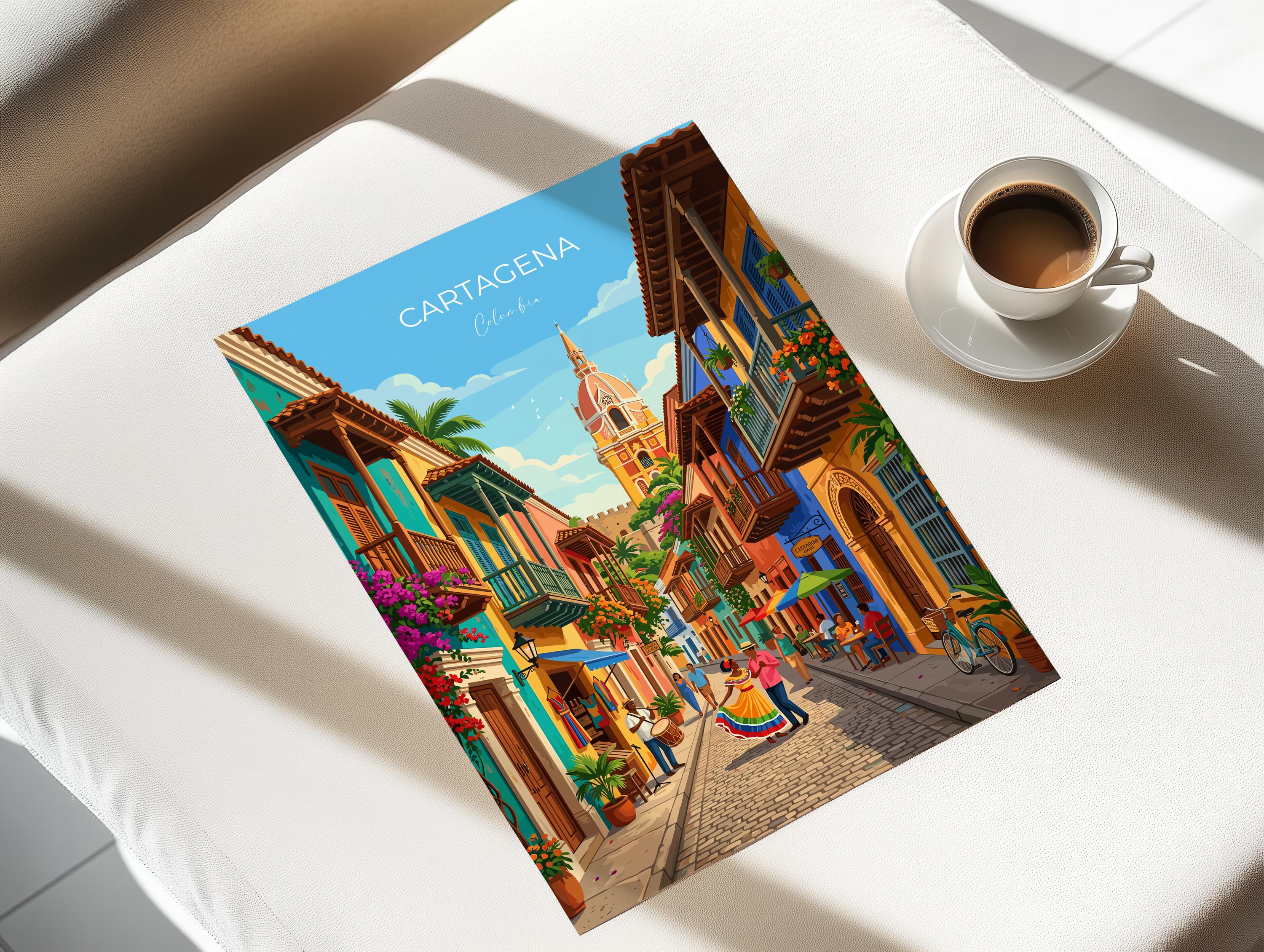Cartagena Colombia Travel Print, Colourful Old Town Street Art, Cartagena Street Scene Poster, Caribbean Travel Wall Art, Vintage Style