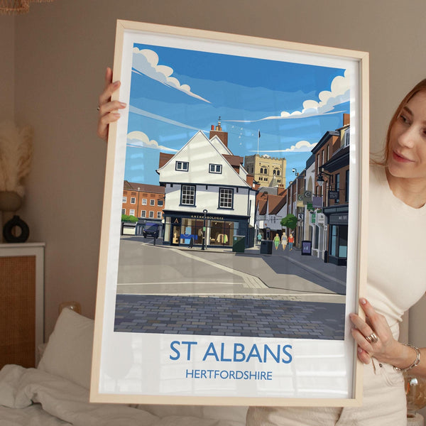 St Albans Travel Poster Wall Art, Travel Print of St Albans, Hertfordshire, England, English Cathedral City Gift