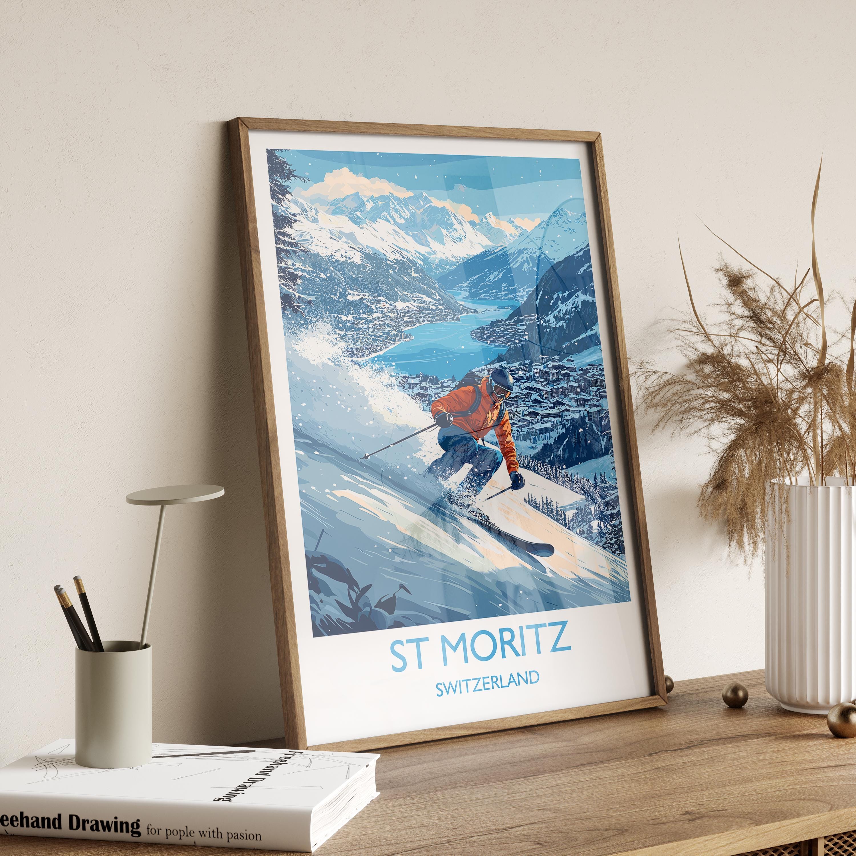 St Moritz Wall Art Travel Poster, Travel Print of St Moritz, Ski Poster, Switzerland Alps Art Travel Lovers Gift NQ Media Designs