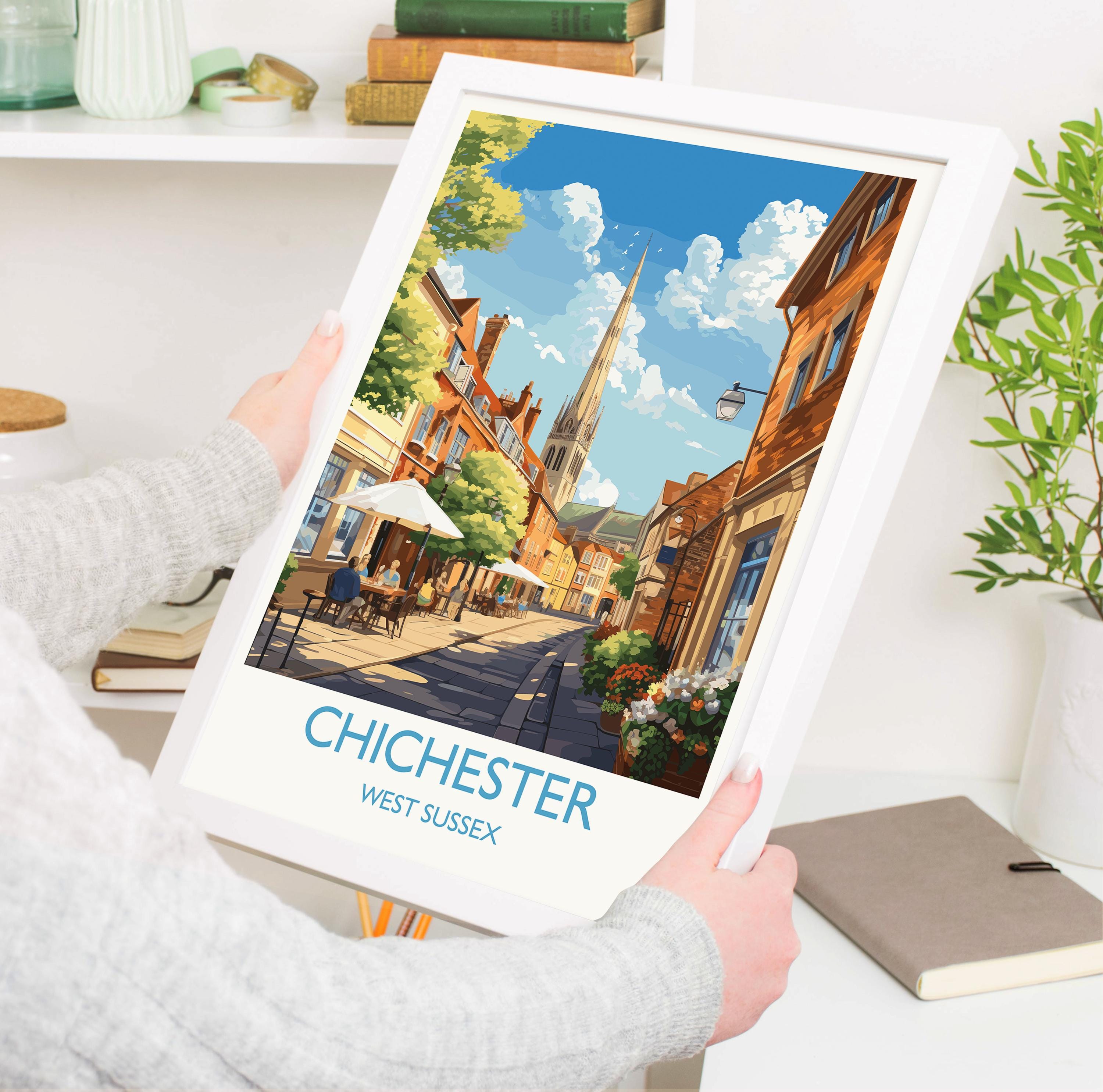Chichester Travel Poster Wall Art, West Sussex Travel Print, English Countryside Art Gift, Wall Art Print NQ Media Designs