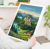 Bavarian Alps Travel Print, Neuschwanstein Castle Wall Art, Bavaria Germany Poster, Alpine Mountain Landscape Illustration, Europe Decor
