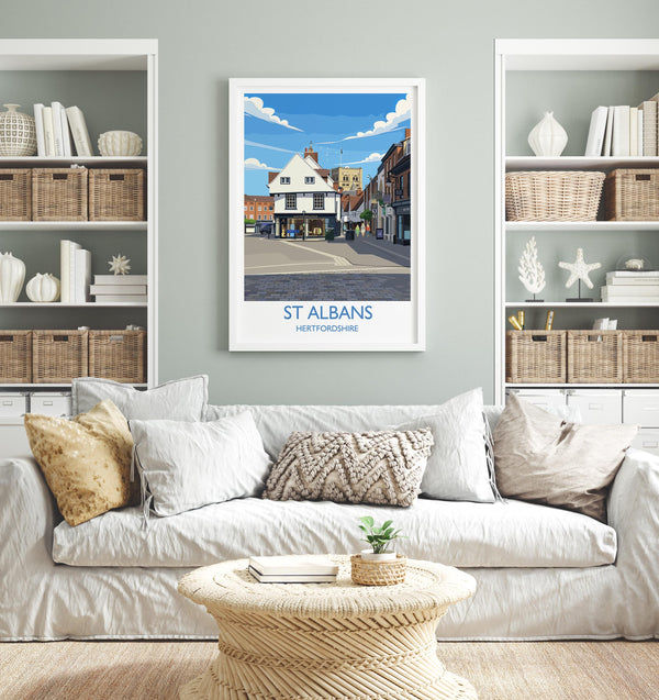 St Albans Travel Poster Wall Art, Travel Print of St Albans, Hertfordshire, England, English Cathedral City Gift