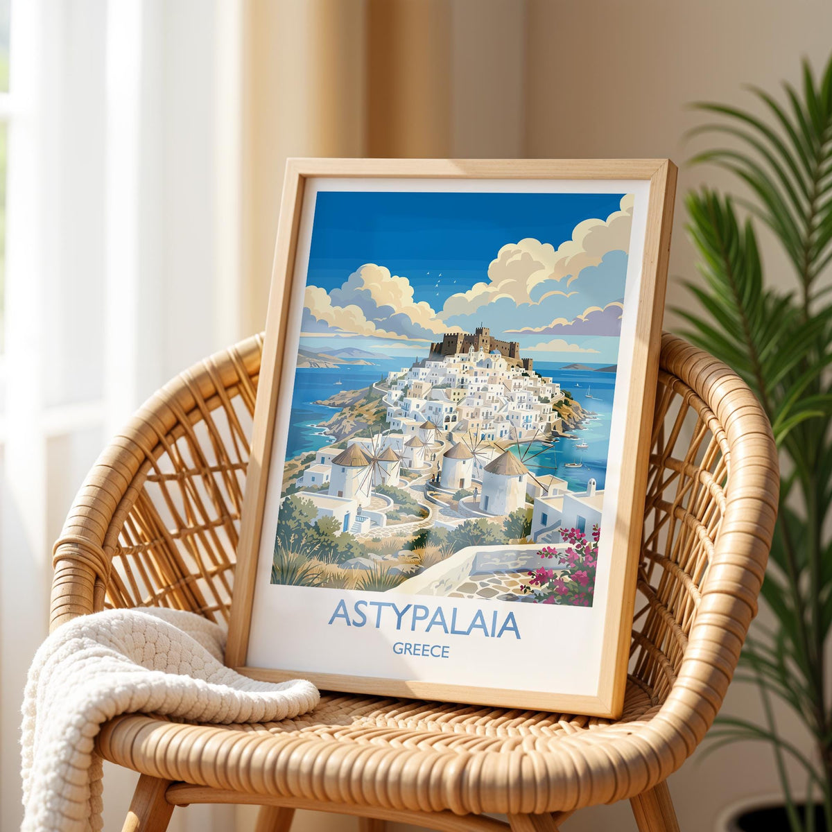 Astypalaia Greece Print, Chora Windmills Wall Art with Border, Greek Island Poster, Dodecanese Travel Print, Astypalaia Gift Print