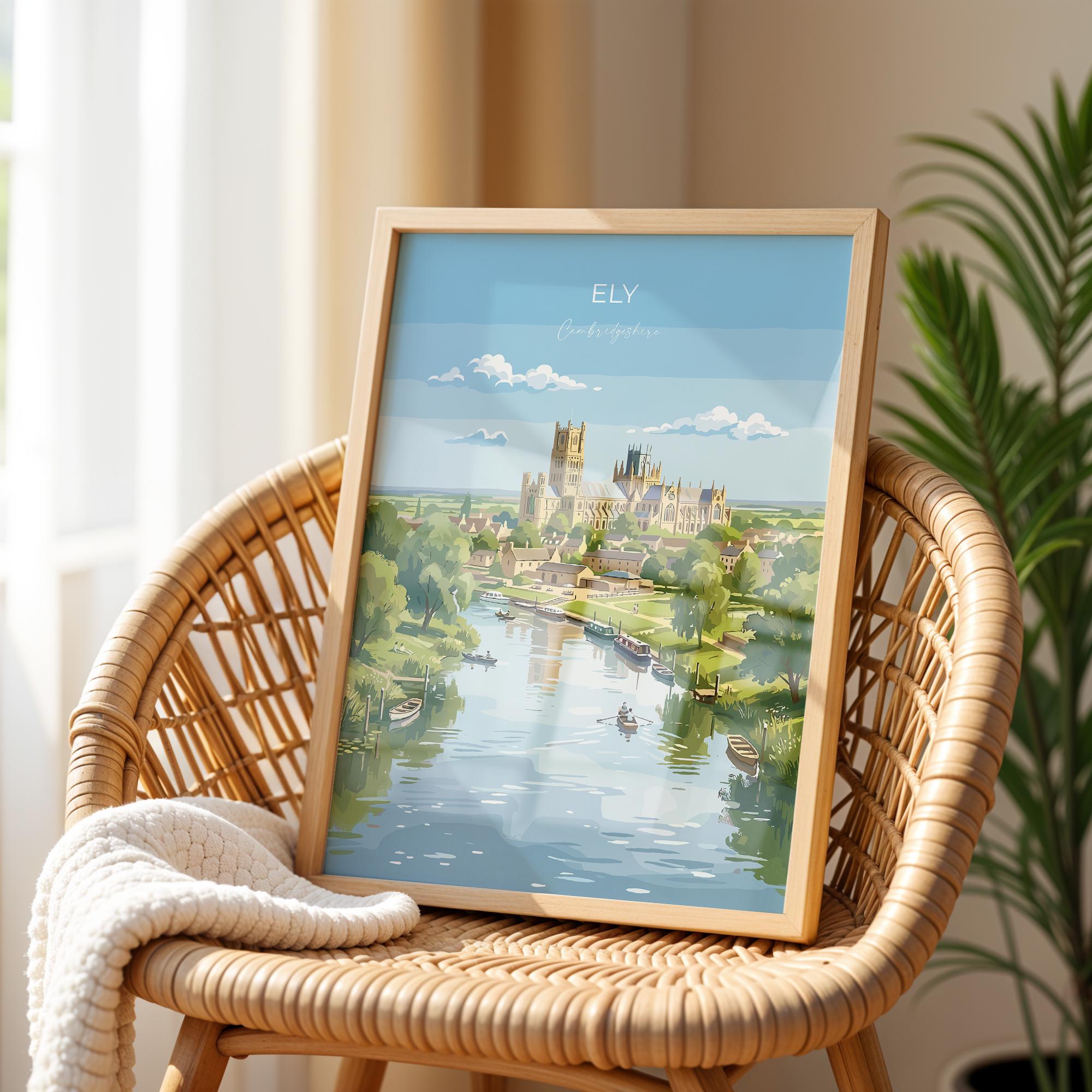 Ely Cathedral Travel Poster, Ely Cambridgeshire Wall Art, Historic England City Print, Gothic Cathedral Illustration, UK Decor, Ely Gift