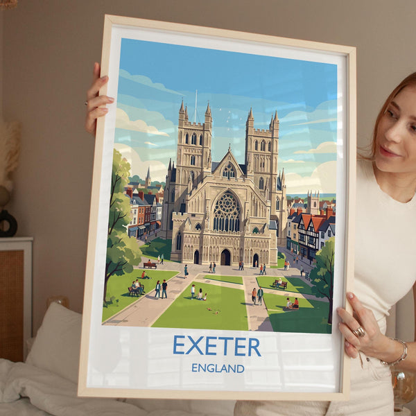 Exeter Cathedral Travel Poster, Exeter Devon Wall Art, Historic England City Print, Gothic Architecture Illustration, UK Decor, Exeter Gift