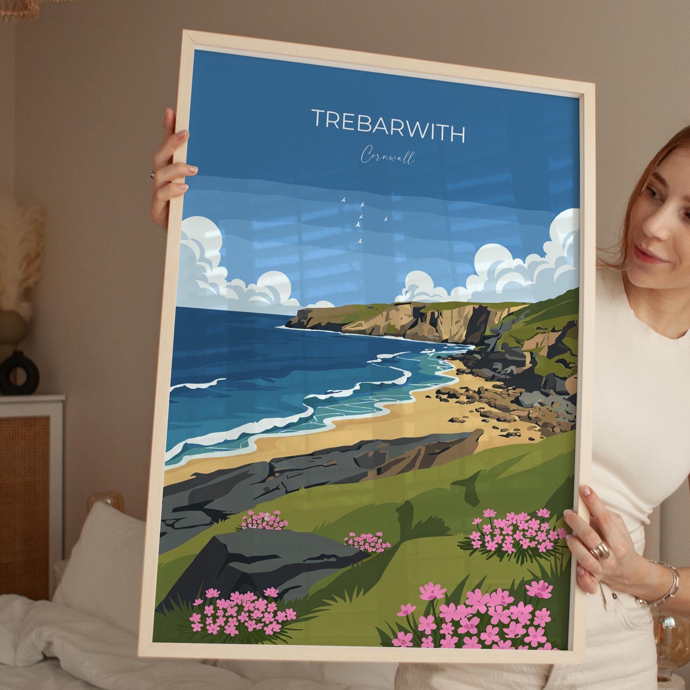 Trebarwith Travel Poster, Travel Print of Trebarwith, England, Cornwall Art, Trebarwith Art Lovers Gift, Wall Art Print NQ Media Designs
