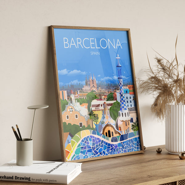 Barcelona Travel Poster Wall Art, Travel Print of Barcelona, City of Barcelona, Spain, Barcelona Art Lovers Gift, Barcelona Cityscape