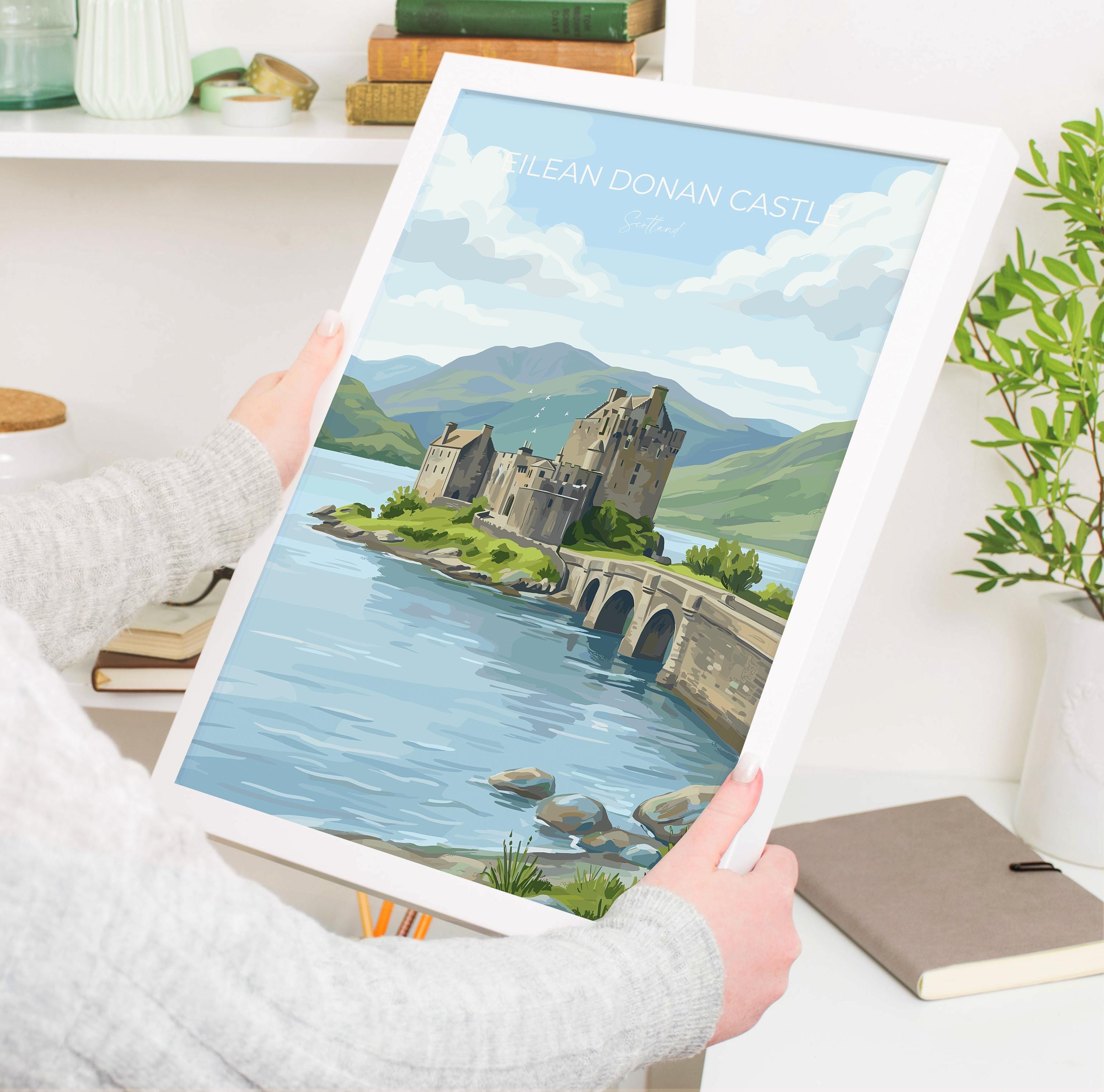 Eilean Donan Castle Scotland Travel Print, Scottish Highlands Castle Wall Art, Landscape Poster, Iconic Scotland Illustration, UK Decor