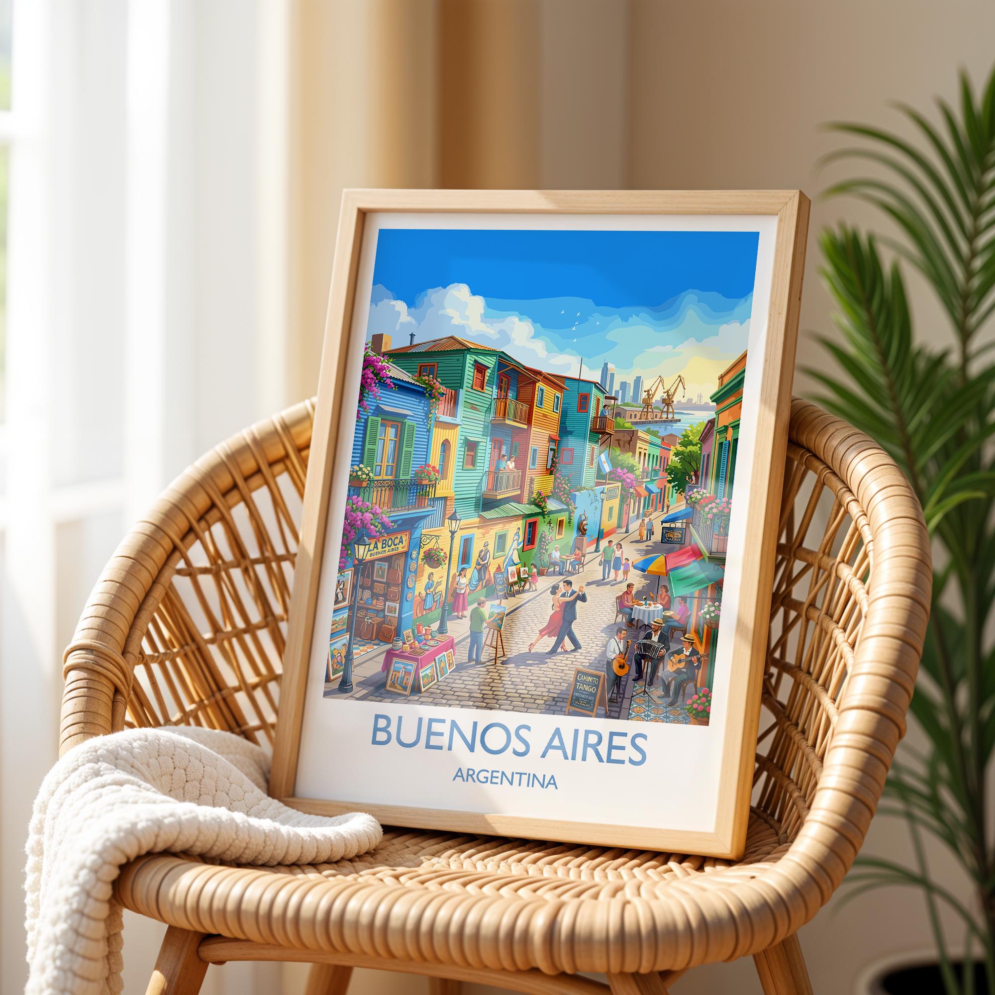 La Boca Buenos Aires Travel Poster, Caminito Wall Art, Colourful Argentina Print, Buenos Aires Illustration, Vintage Style South America