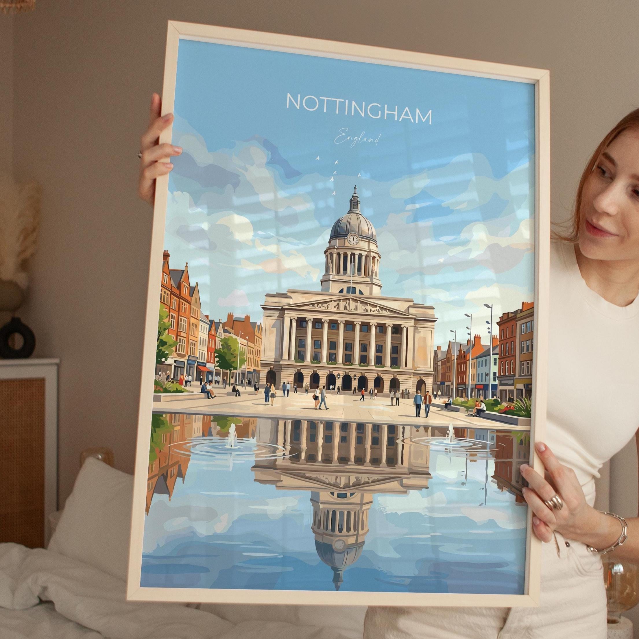 Nottingham Travel Print, Exchange Building Wall Art, Old Market Square Poster, Nottingham City Illustration, UK City Decor, Nottingham Gift