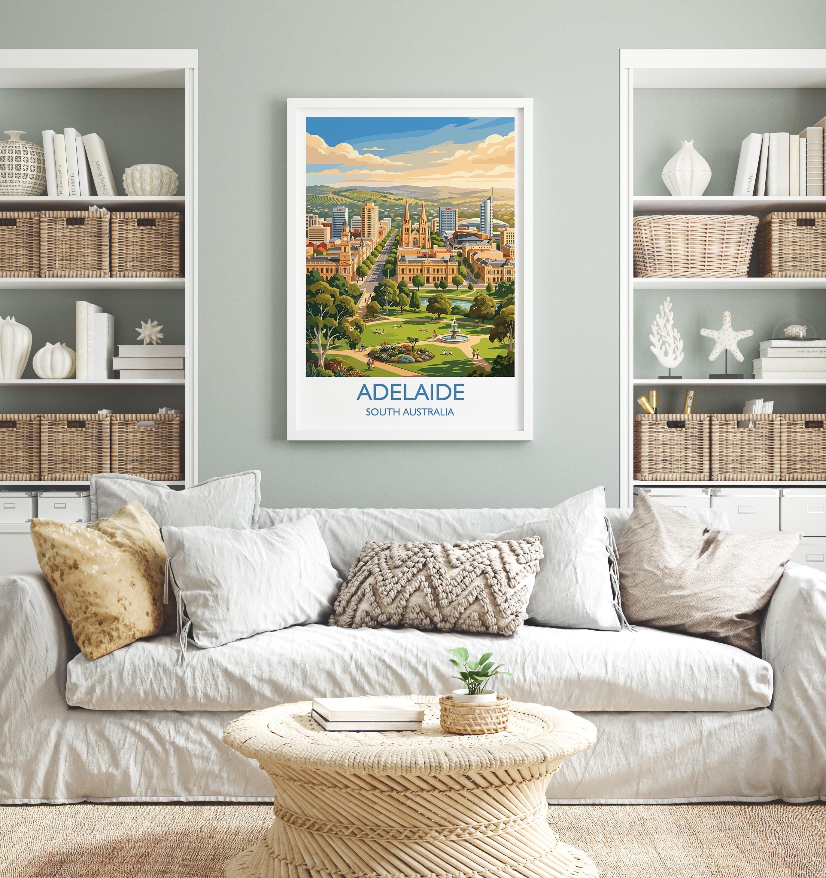 Adelaide Australia Travel Poster, Adelaide Skyline Wall Art, River Torrens Print, South Australia Cityscape Illustration, Australia Decor