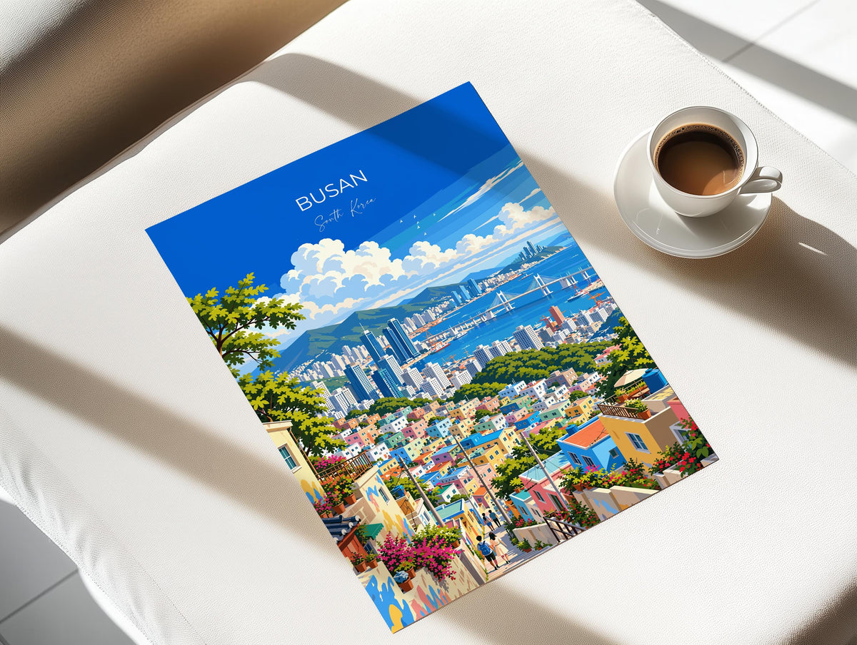 Busan Travel Poster, South Korea Wall Art, Gamcheon Village Print, Gwangan Bridge Poster, Busan Gift