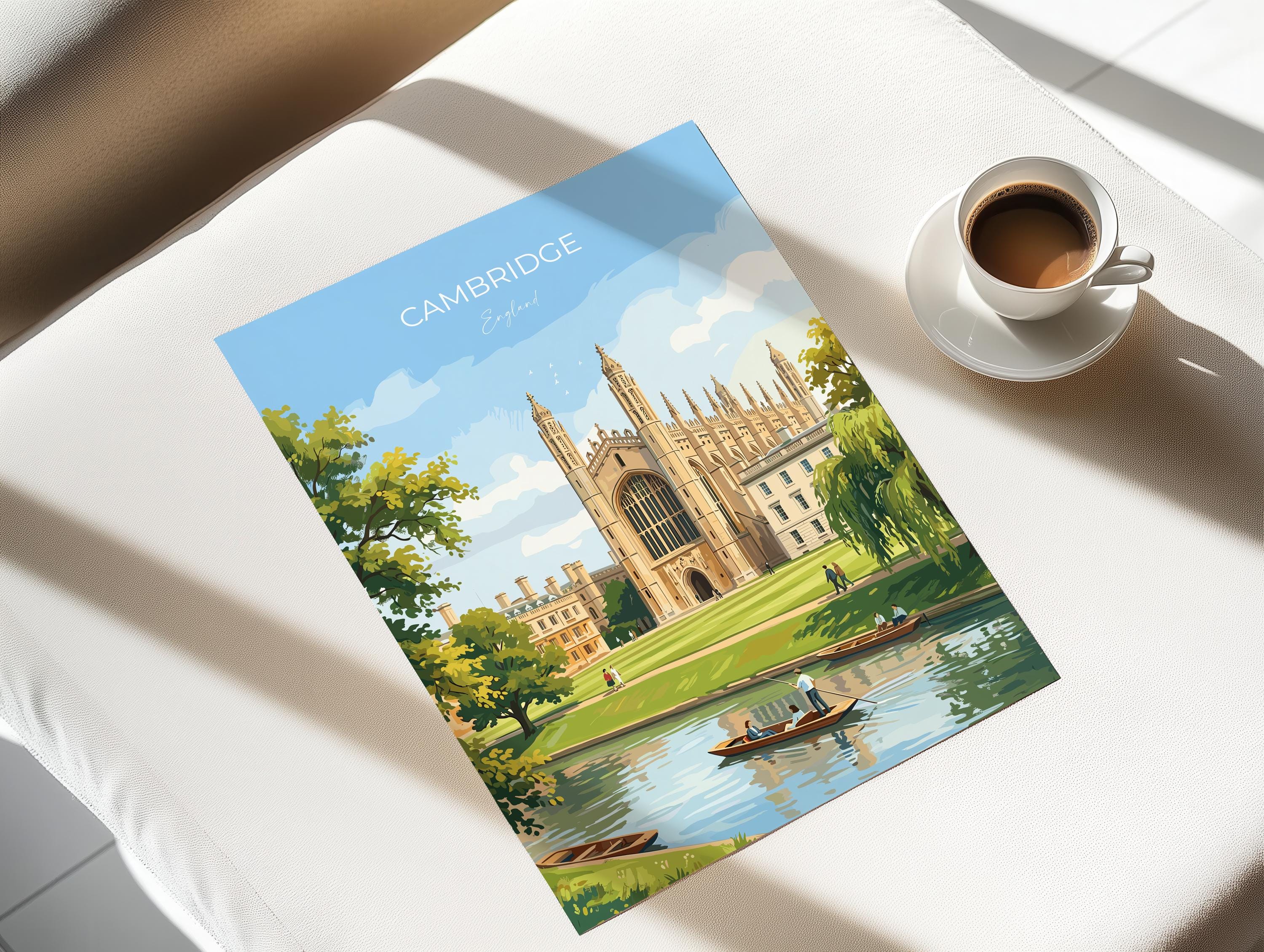 Cambridge Travel Print, Kings College Cambridge Wall Art, River Cam Punting Scene Poster, Historic University Illustration, City Style UK NQ Media Designs