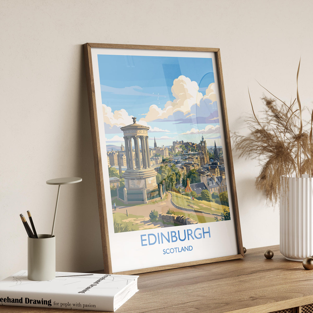 Calton Hill Edinburgh Print, Edinburgh Skyline Wall Art with Border, Scotland Travel Print, National Monument Poster, Edinburgh Gift