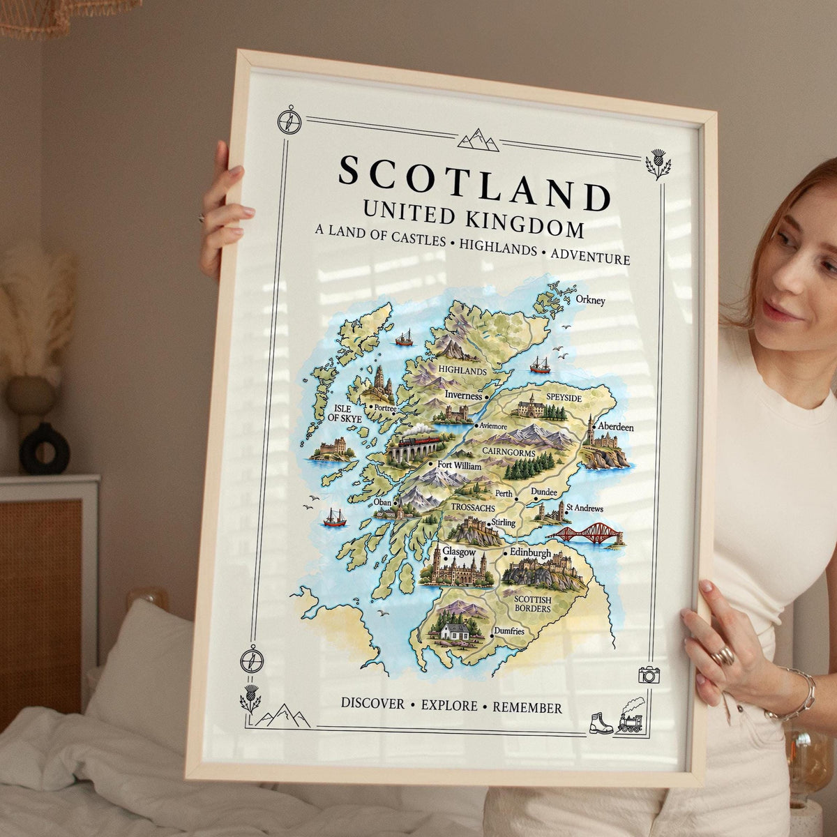 Scotland Illustrated Map Print, UK Wall Art, Highlands Map Poster, Framed or Canvas Print, Scotland Gift Print